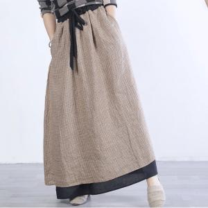 Double Layers Drawstring Loose Skirt Checkered Womens Maxi Skirt