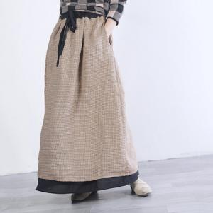 Double Layers Drawstring Loose Skirt Checkered Womens Maxi Skirt