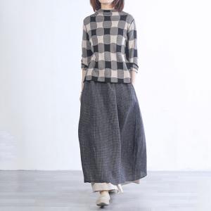 Double Layers Drawstring Loose Skirt Checkered Womens Maxi Skirt