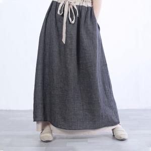 Double Layers Drawstring Loose Skirt Checkered Womens Maxi Skirt