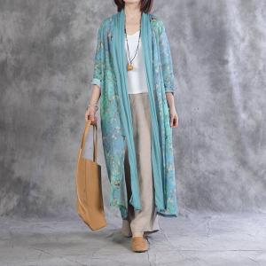 Plum Blossom Long Sleeve Cardigan Loose Linen Tied Kimono