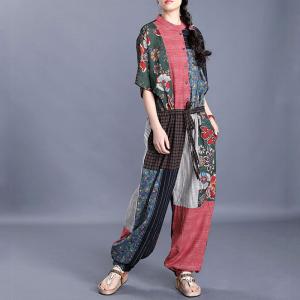 Ditsy Floral Drawstring Jumpsuits Womens Cotton Linen Folk Coveralls