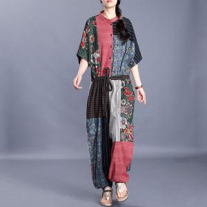 Ditsy Floral Drawstring Jumpsuits Womens Cotton Linen Folk Coveralls