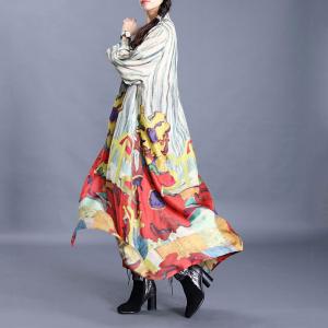 Colorful Printing Vintage Shirt Dress Elegant Maxi Outerwear