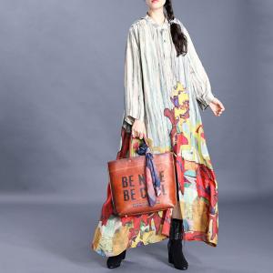 Colorful Printing Vintage Shirt Dress Elegant Maxi Outerwear