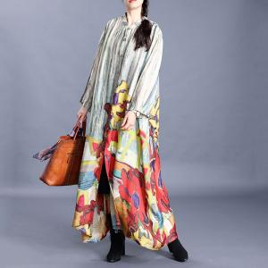 Colorful Printing Vintage Shirt Dress Elegant Maxi Outerwear