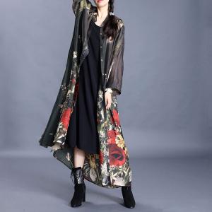 Colorful Printing Vintage Shirt Dress Elegant Maxi Outerwear