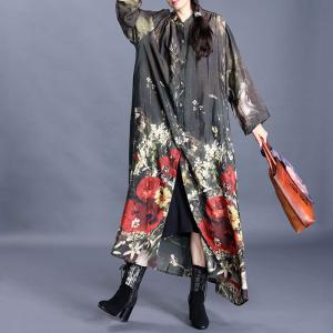 Colorful Printing Vintage Shirt Dress Elegant Maxi Outerwear