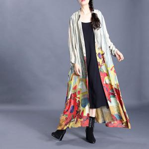 Colorful Printing Vintage Shirt Dress Elegant Maxi Outerwear