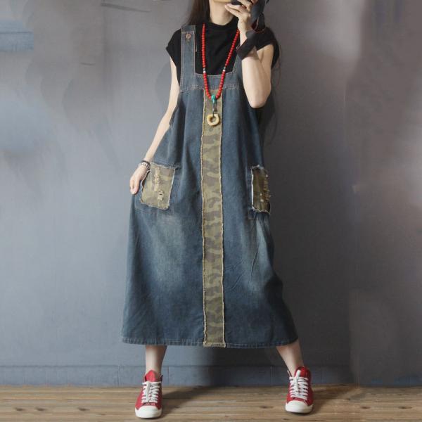 Retro Style Camo Overall Dress U-Neck A-Line Denim Dress
