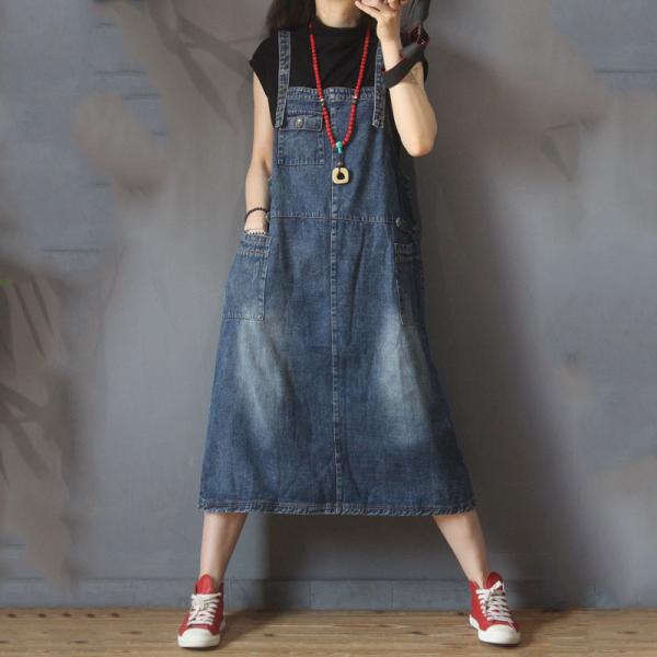 Korean Style Denim A-Line Dress Loose Overall Dress in Blue Black One ...