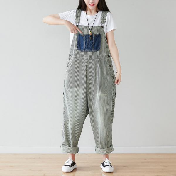 Blue Patch Pocket Baggy Dungarees Vertical Striped Grey Overalls