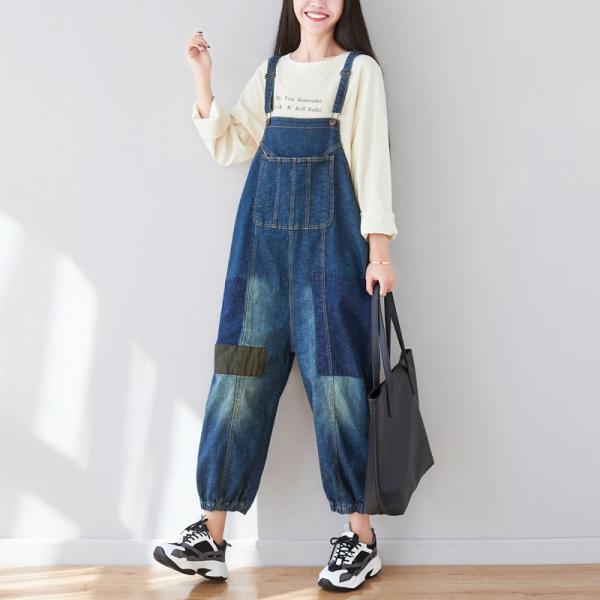 Baggy-Fit Patchwork Jean Overalls Patch Pocket Blue Bootcut Overalls