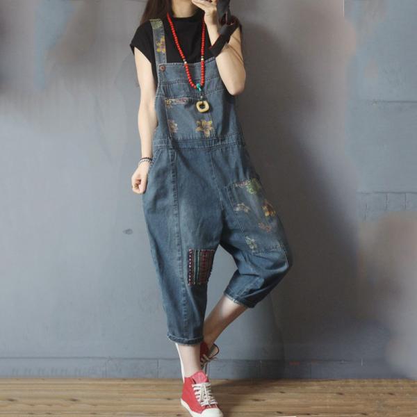 Ethnic Patchwork Dungaree Pants Flowers Pattern Baggy Overalls in Black ...