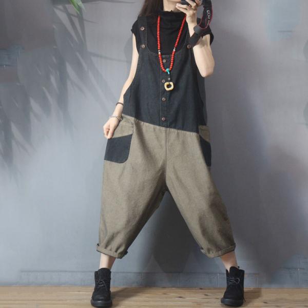 Black Contrast Harem Overalls Denim One-Piece Trousers