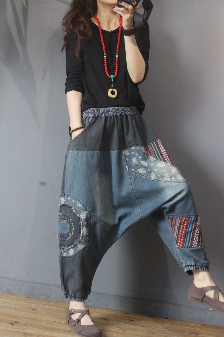 Contrast Colors Harem Jeans Tribe Patchwork Denim Harem Pants in Black