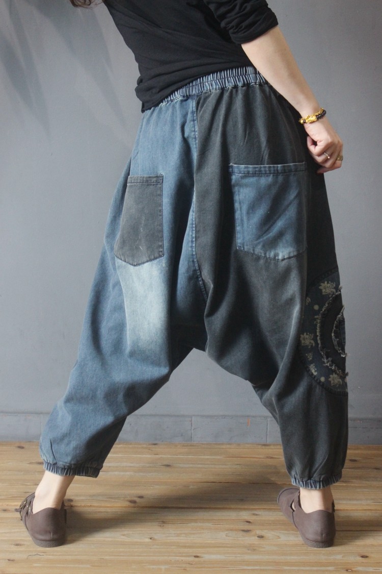 Contrast Colors Harem Jeans Tribe Patchwork Denim Harem Pants in Black