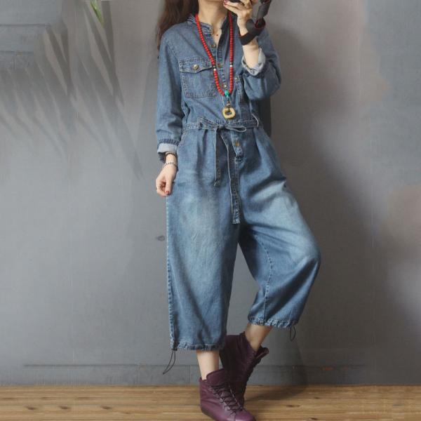 Drawstring Legs Denim Casual Jumpsuits Belted Jean Jumpsuits