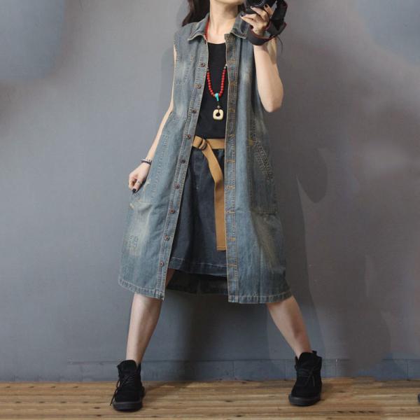 Single-Breasted Denim Long Vest Polo Collar Summer Sleeveless Jacket