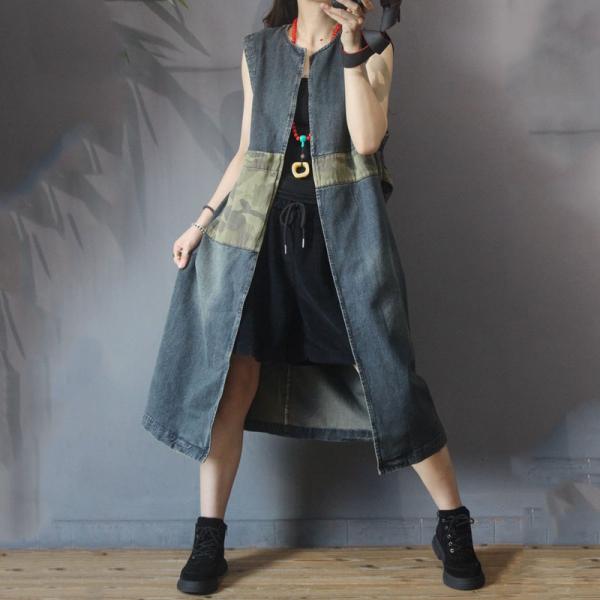 Camouflage Patchwork Long Vest  Womens Denim Waistcoat