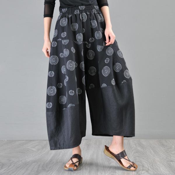 Embroidered Annual Ring Comfy Pants Linen Wide Leg Cropped Pants