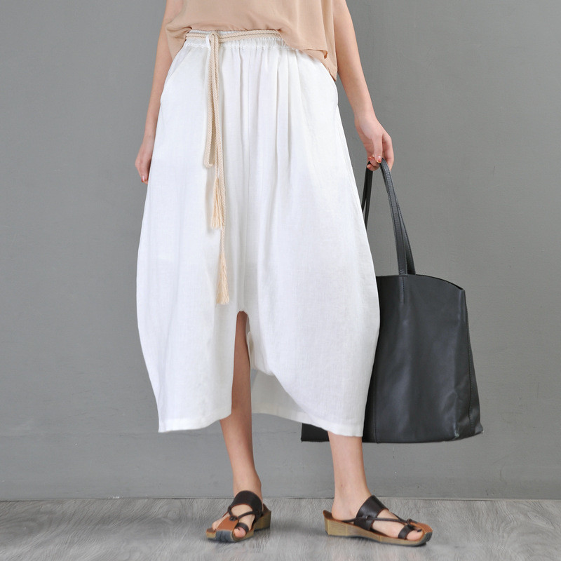Beach Fashion Linen Harem Culottes Rope Belted Resort Attire in White ...
