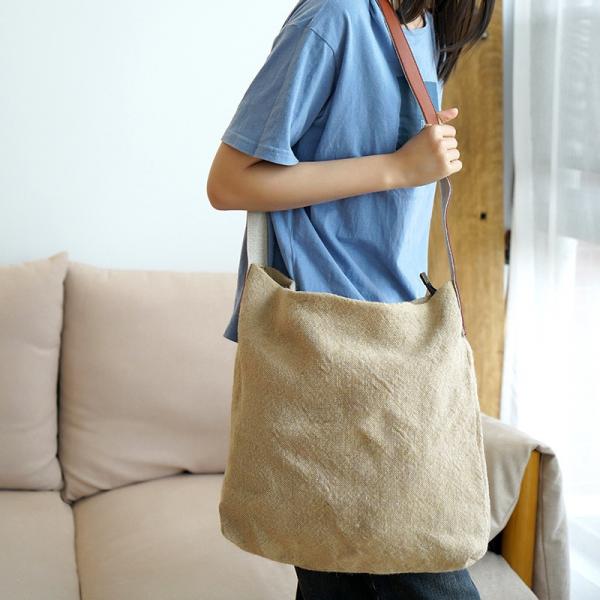 Leather Straps Cotton Linen Bag Versatile Plain Shoulder Bag