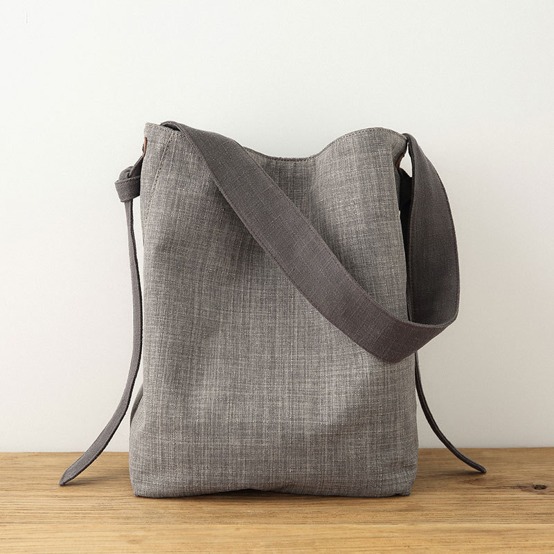 Folk Straps Cotton Linen Bucket Bag for Women in Blue Gray - Morimiss.com