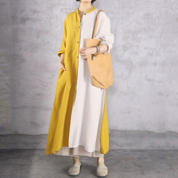 Yellow and White Linen Shirt Dress Long Sleeve Comfy Resort Attire