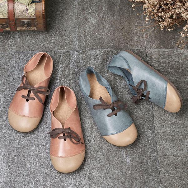 Contrast Color Lace Up Flats Round Toe Genuine Leather Shoes