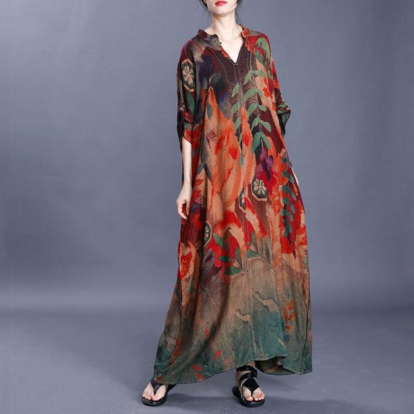 Tropical Printed V-Neck Vintage Maxi Dress Loose Silky Shift Dress