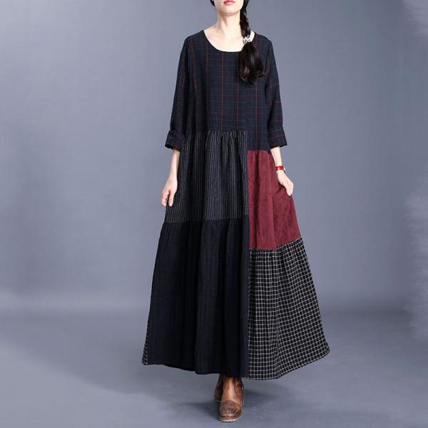 Color Patchwork Loose Black Dress Cotton Linen Crew Neck Plaids Dress