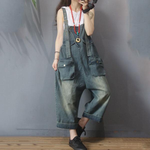 Flap Pockets Baggy Fashion Overalls Wide Leg Denim Dungarees in