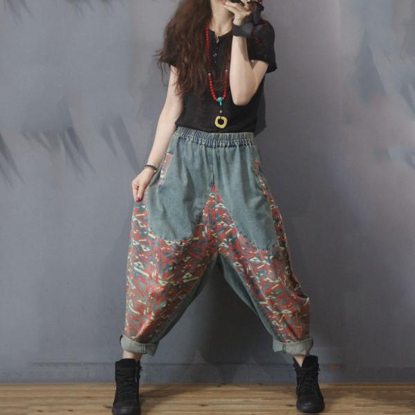 Street Style Printed Patchwork Bootcuts Womens Denim Harem Trousers