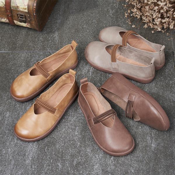 Round Toe Leather Casual Flats Straps Decoration Driving Shoes