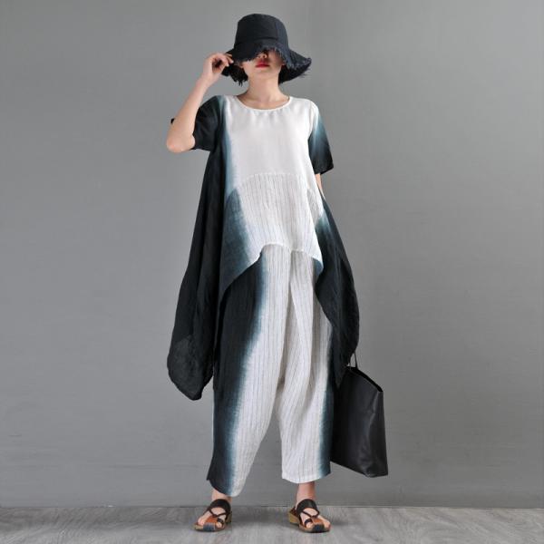 Tie-Dyed Asymmetrical Stripes Blouse with Linen Loose Pants