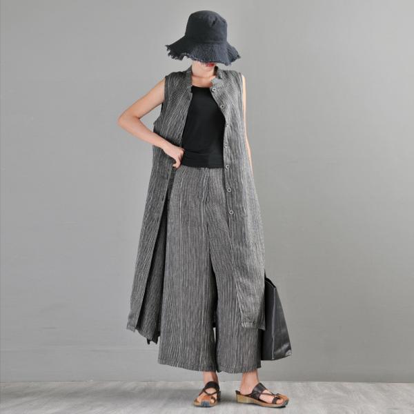 Vertical Pinstriped Long Vest with Linen Wide Leg Pants