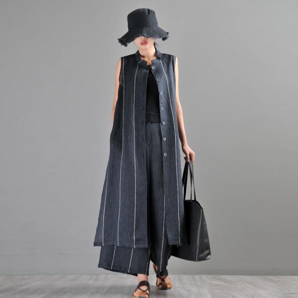 OL Style Sleeveless Long Shirt with Flax Striped Palazzo Pants