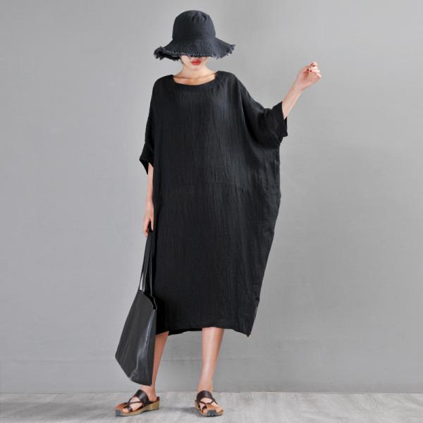 Bat Sleeve Linen Black Dress Loose Casual Caftan Dress