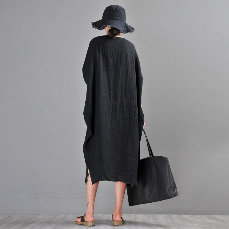 Bat Sleeve Linen Black Dress Loose Casual Caftan Dress in Black Khaki ...