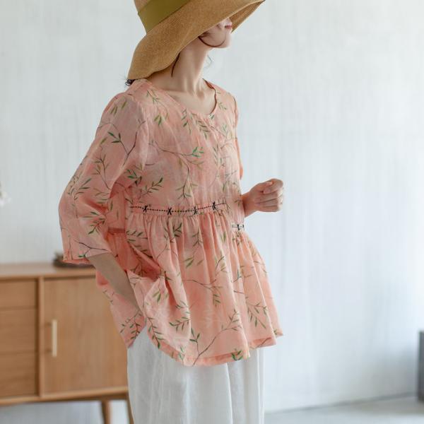 Elastic Waist Crew Neck Linen Blouse Printed Pink Ladies Shirt