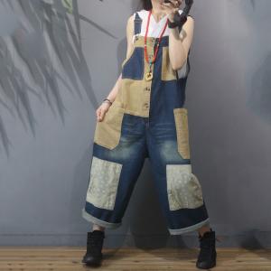 Cloth Patchwork Baggy Bib Overalls Vintage Jean Overalls