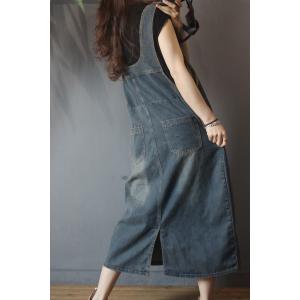 Retro Style Camo Overall Dress U-Neck A-Line Denim Dress