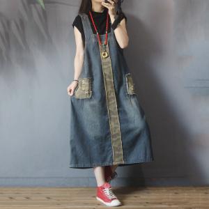 Retro Style Camo Overall Dress U-Neck A-Line Denim Dress