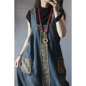 Retro Style Camo Overall Dress U-Neck A-Line Denim Dress