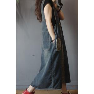 Retro Style Camo Overall Dress U-Neck A-Line Denim Dress