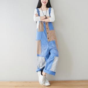 Contrast Color Big Pocket Korean Overalls Summer Bib Overalls for Women