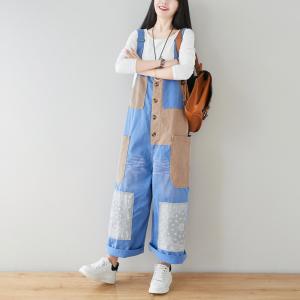 Contrast Color Big Pocket Korean Overalls Summer Bib Overalls for Women