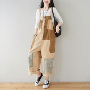 Contrast Color Big Pocket Korean Overalls Summer Bib Overalls for Women