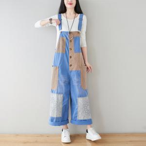 Contrast Color Big Pocket Korean Overalls Summer Bib Overalls for Women